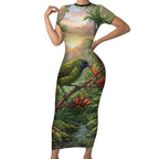 Bellbird New Zealand Personalised Short Sleeve Bodycon Dress Korimako Harakeke Flower Native Forest