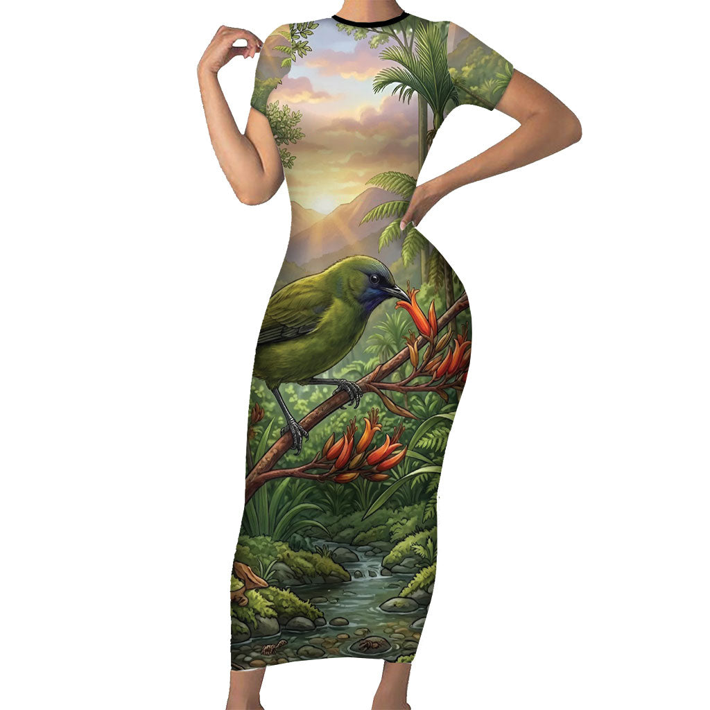 Bellbird New Zealand Personalised Short Sleeve Bodycon Dress Korimako Harakeke Flower Native Forest