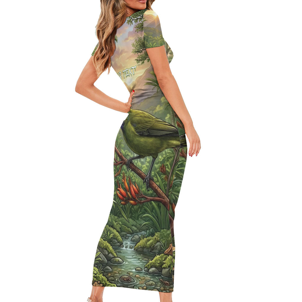 Bellbird New Zealand Personalised Short Sleeve Bodycon Dress Korimako Harakeke Flower Native Forest