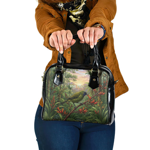 Bellbird New Zealand Personalised Shoulder Handbag Korimako Harakeke Flower Native Forest