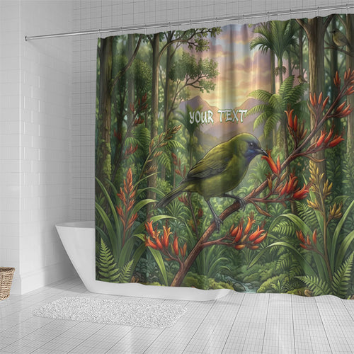 Bellbird New Zealand Personalised Shower Curtain Korimako Harakeke Flower Native Forest