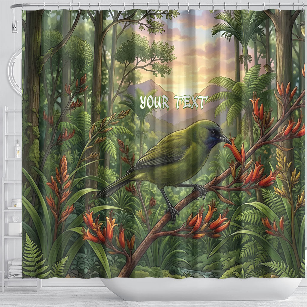 Bellbird New Zealand Personalised Shower Curtain Korimako Harakeke Flower Native Forest