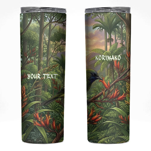 Bellbird New Zealand Personalised Skinny Tumbler Korimako Harakeke Flower Native Forest