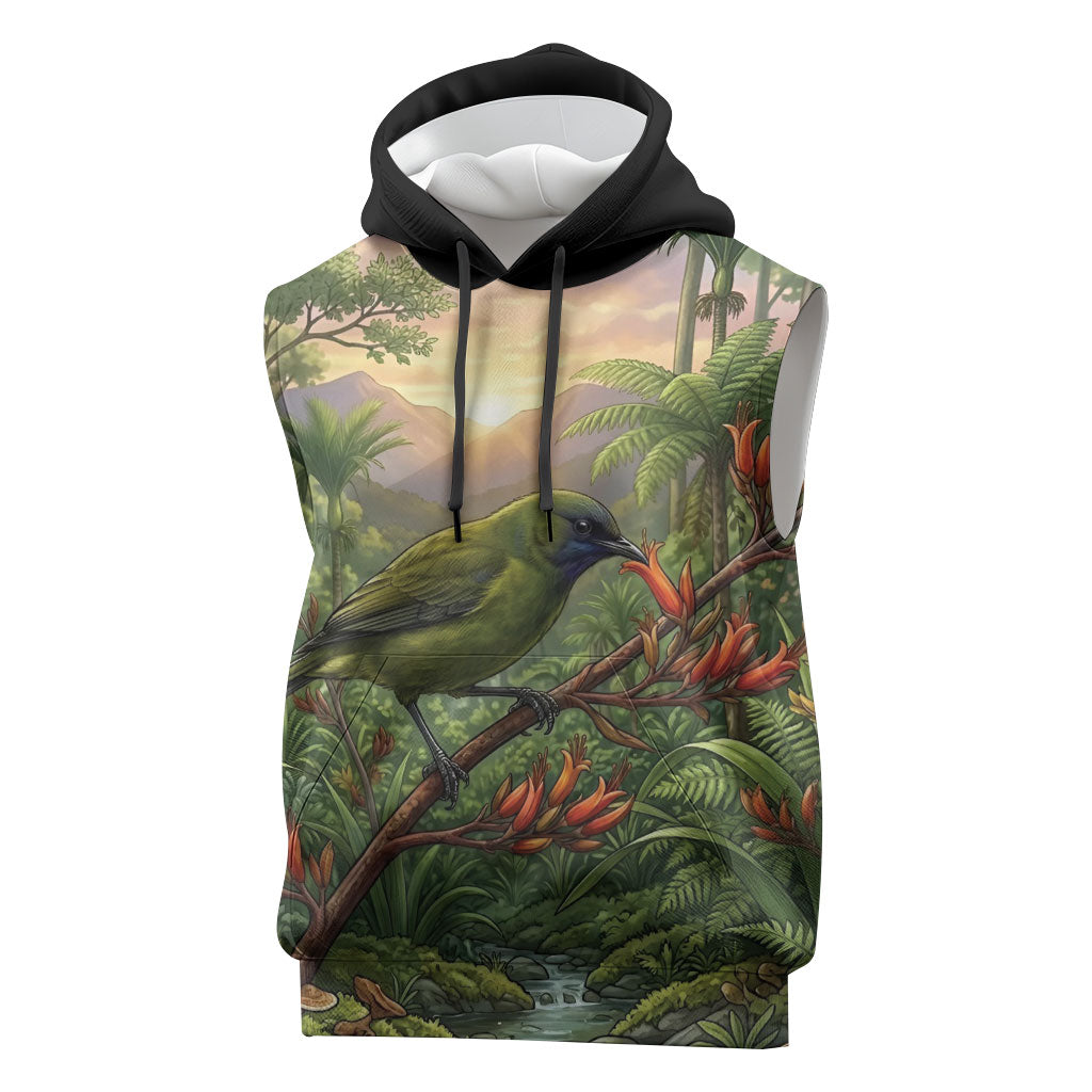 Bellbird New Zealand Personalised Sleeveless Hoodie Korimako Harakeke Flower Native Forest