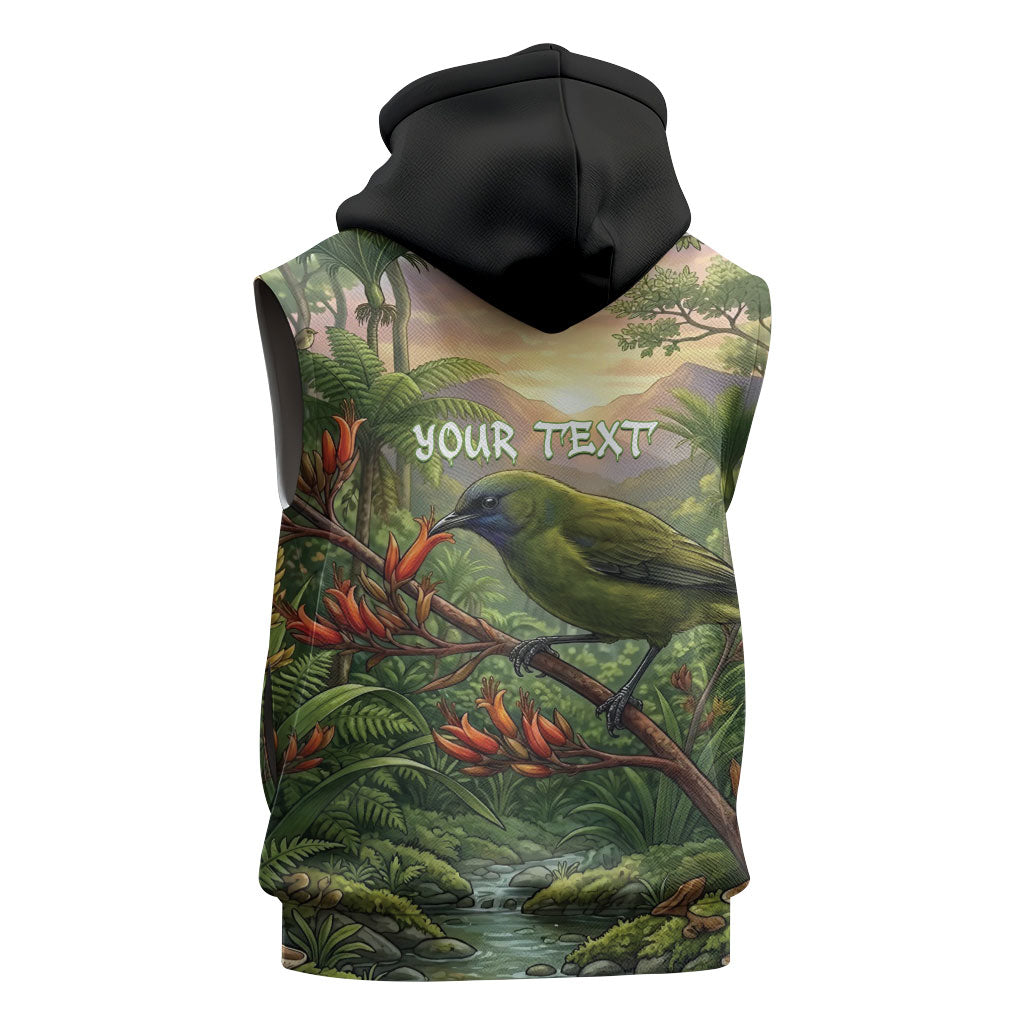 Bellbird New Zealand Personalised Sleeveless Hoodie Korimako Harakeke Flower Native Forest
