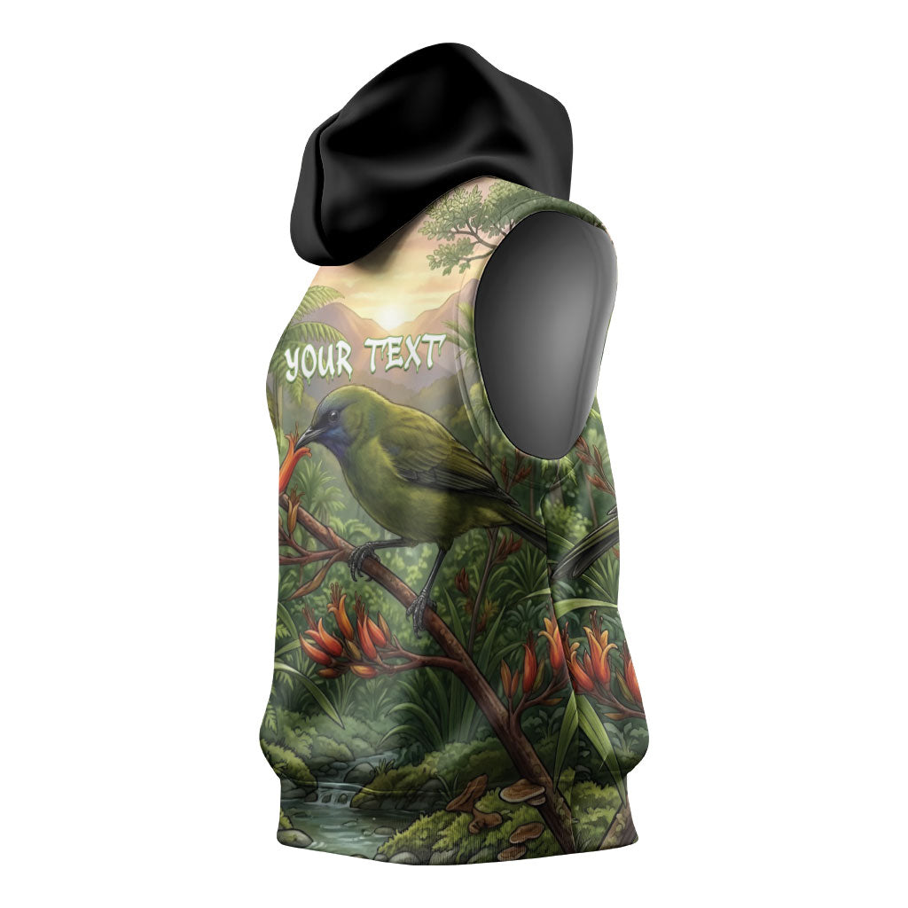 Bellbird New Zealand Personalised Sleeveless Hoodie Korimako Harakeke Flower Native Forest