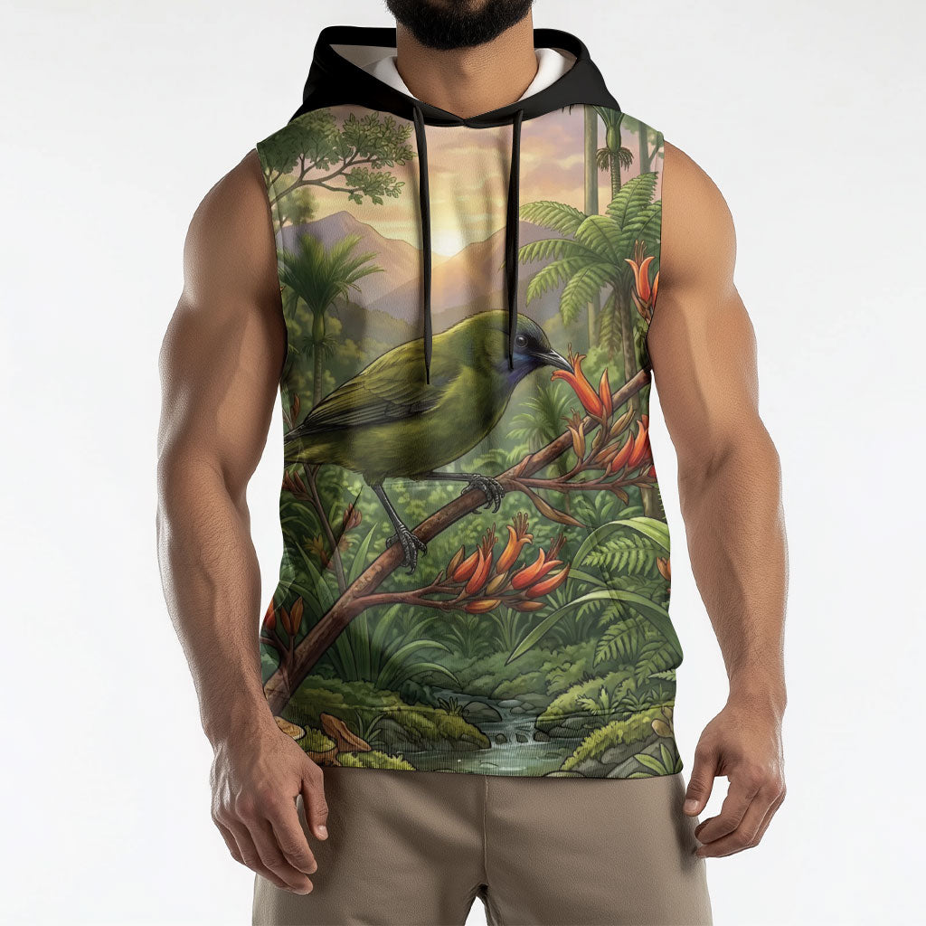 Bellbird New Zealand Personalised Sleeveless Hoodie Korimako Harakeke Flower Native Forest