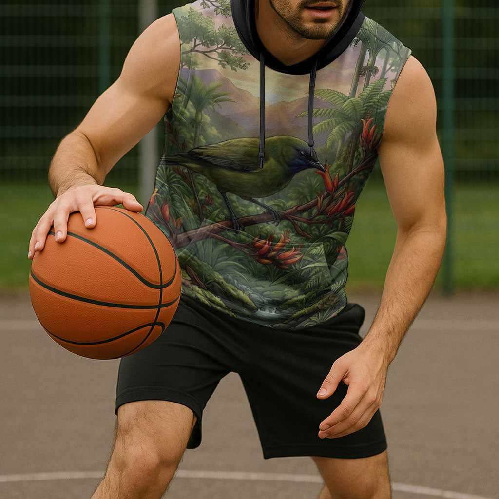 Bellbird New Zealand Personalised Sleeveless Hoodie Korimako Harakeke Flower Native Forest
