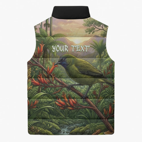 Bellbird New Zealand Personalised Sleeveless Puffer Jacket Korimako Harakeke Flower Native Forest