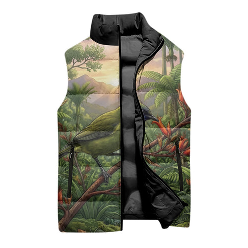 Bellbird New Zealand Personalised Sleeveless Puffer Jacket Korimako Harakeke Flower Native Forest