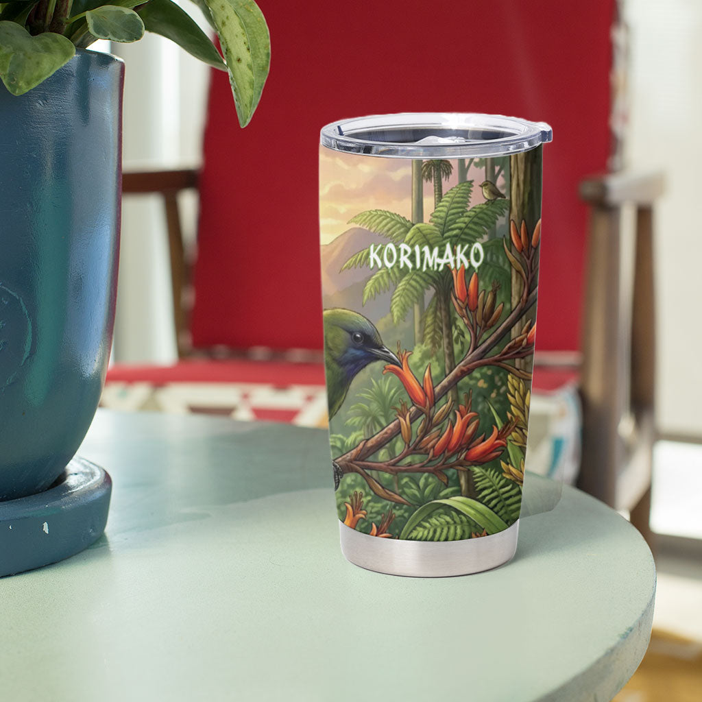 Bellbird New Zealand Personalised Tumbler Cup Korimako Harakeke Flower Native Forest