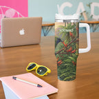 Bellbird New Zealand Personalised Tumbler With Handle Korimako Harakeke Flower Native Forest