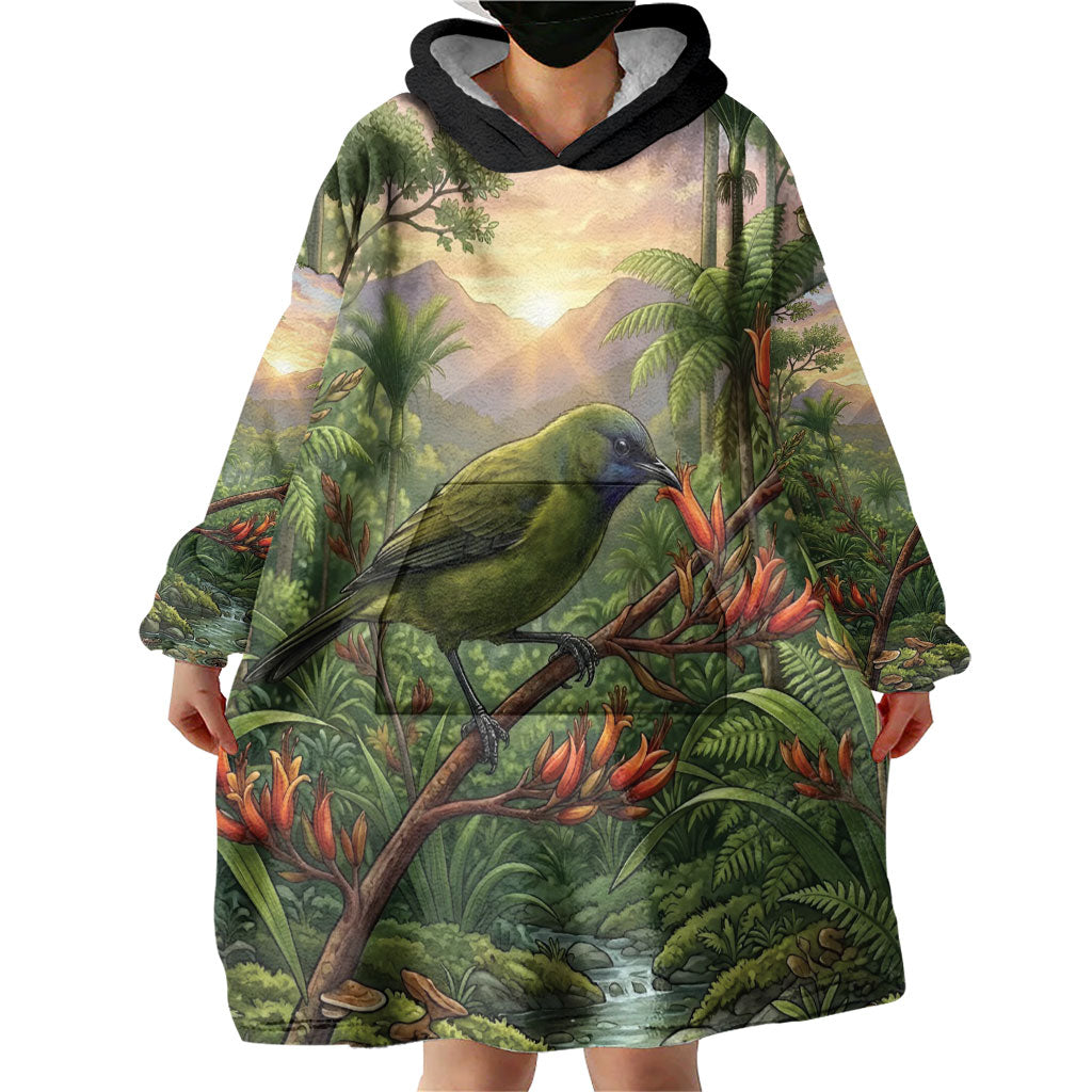 Bellbird New Zealand Personalised Wearable Blanket Hoodie Korimako Harakeke Flower Native Forest