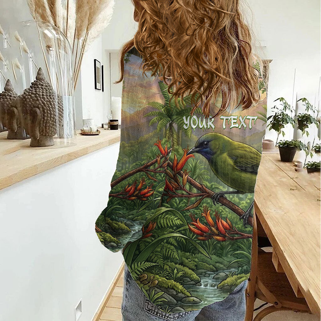 Bellbird New Zealand Personalised Women Casual Shirt Korimako Harakeke Flower Native Forest