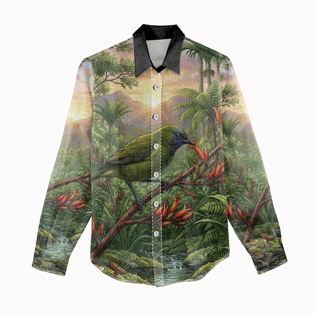 Bellbird New Zealand Personalised Women Casual Shirt Korimako Harakeke Flower Native Forest