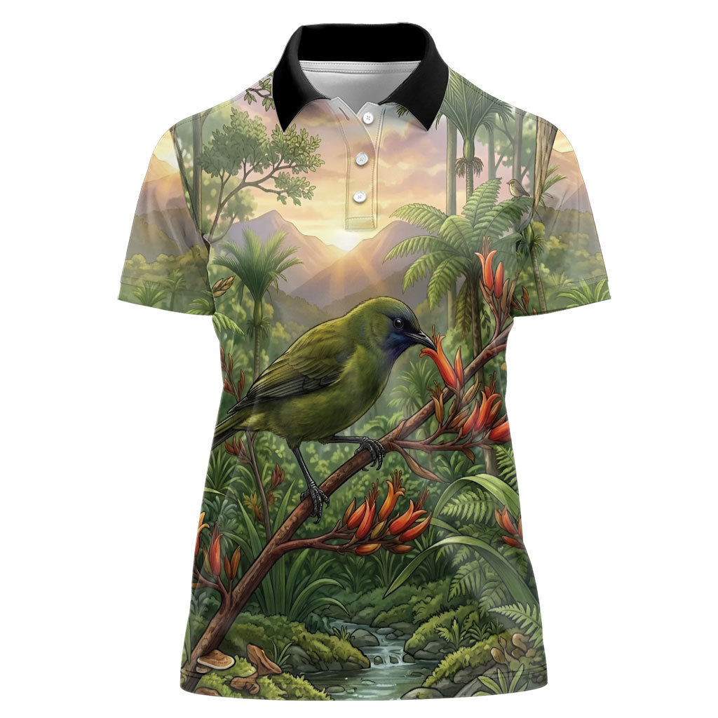 Bellbird New Zealand Personalised Women Polo Shirt Korimako Harakeke Flower Native Forest