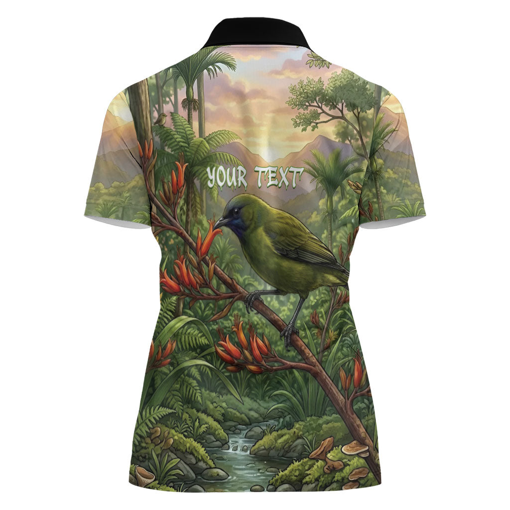 Bellbird New Zealand Personalised Women Polo Shirt Korimako Harakeke Flower Native Forest