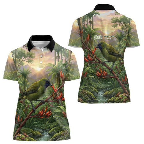 Bellbird New Zealand Personalised Women Polo Shirt Korimako Harakeke Flower Native Forest