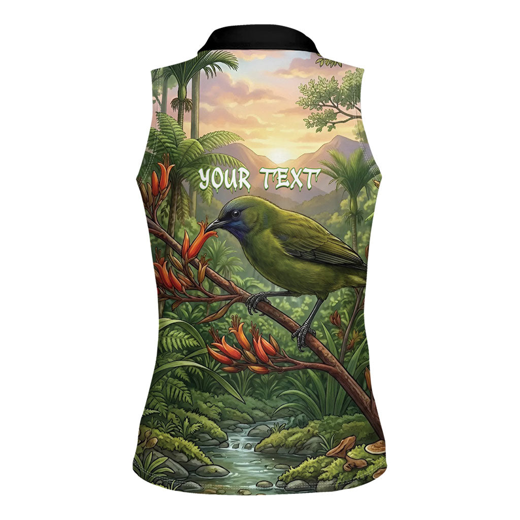 Bellbird New Zealand Personalised Women Sleeveless Polo Shirt Korimako Harakeke Flower Native Forest