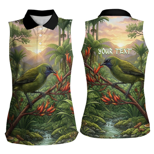 Bellbird New Zealand Personalised Women Sleeveless Polo Shirt Korimako Harakeke Flower Native Forest