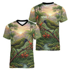 Bellbird New Zealand Personalised Women V-Neck T-Shirt Korimako Harakeke Flower Native Forest