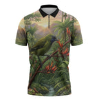 Bellbird New Zealand Personalised Zipper Polo Shirt Korimako Harakeke Flower Native Forest