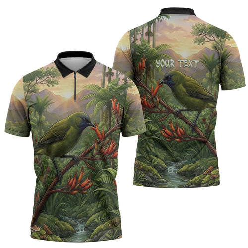 Bellbird New Zealand Personalised Zipper Polo Shirt Korimako Harakeke Flower Native Forest