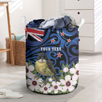 Tomtit New Zealand Personalised Laundry Basket Miromiro Manuka Flower Maori Pattern