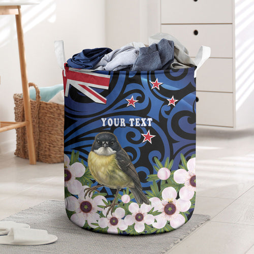 Tomtit New Zealand Personalised Laundry Basket Miromiro Manuka Flower Maori Pattern