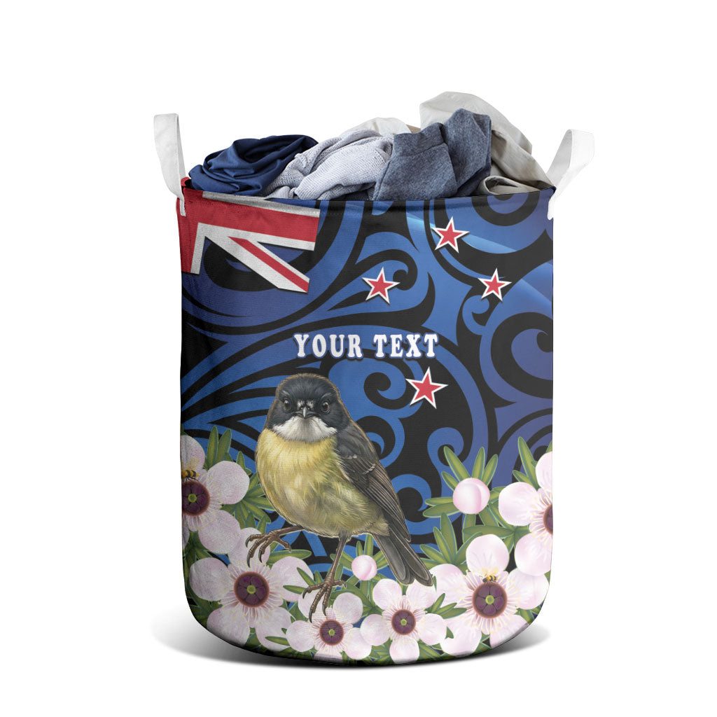 Tomtit New Zealand Personalised Laundry Basket Miromiro Manuka Flower Maori Pattern