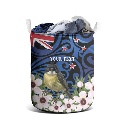 Tomtit New Zealand Personalised Laundry Basket Miromiro Manuka Flower Maori Pattern