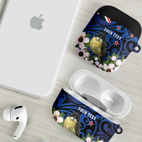 Tomtit New Zealand Personalised AirPods Case Miromiro Manuka Flower Maori Pattern