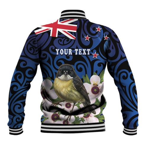 Tomtit New Zealand Personalised Baseball Jacket Miromiro Manuka Flower Maori Pattern