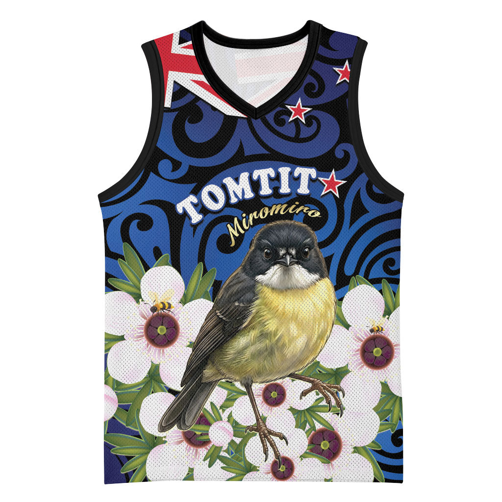 Tomtit New Zealand Personalised Basketball Jersey Miromiro Manuka Flower Maori Pattern