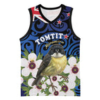 Tomtit New Zealand Personalised Basketball Jersey Miromiro Manuka Flower Maori Pattern