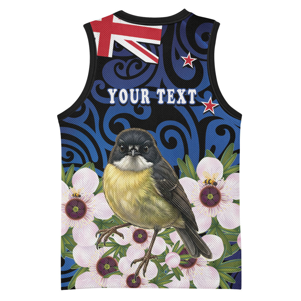 Tomtit New Zealand Personalised Basketball Jersey Miromiro Manuka Flower Maori Pattern