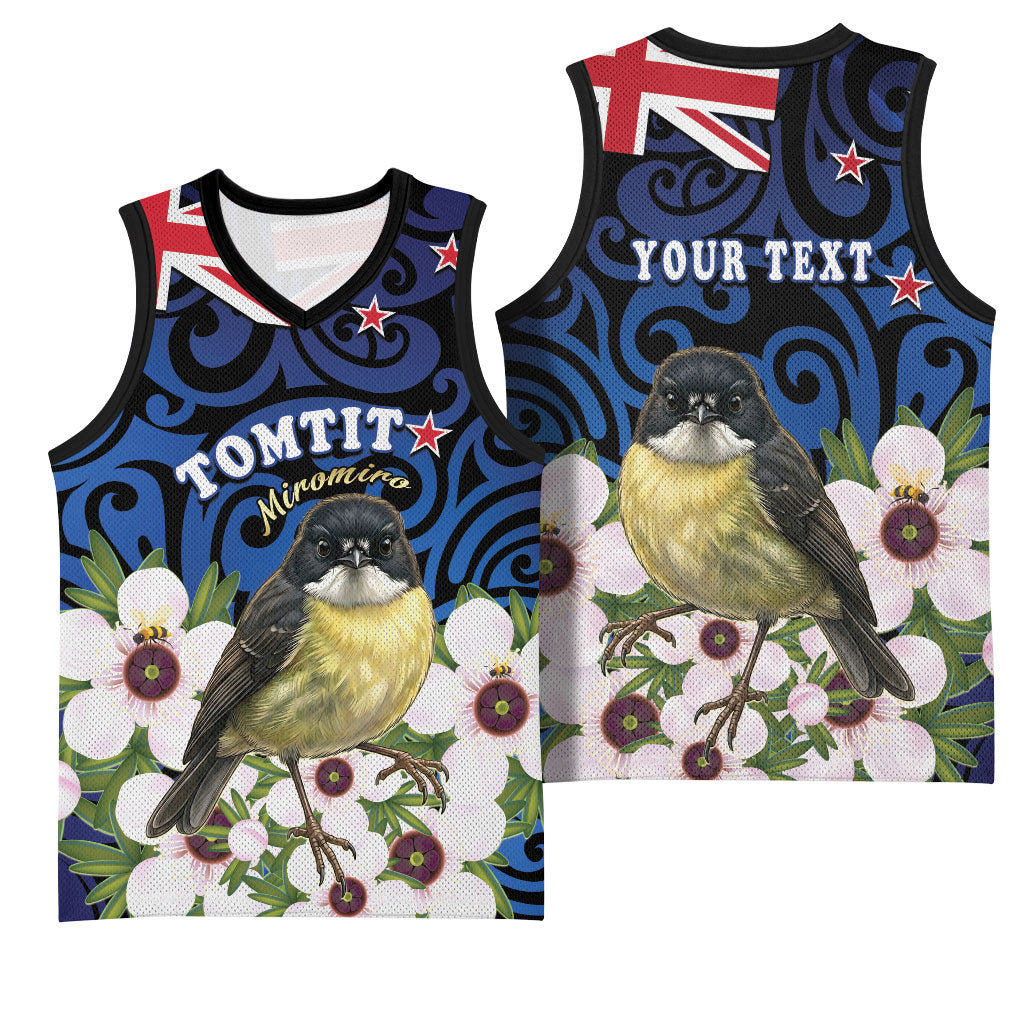 Tomtit New Zealand Personalised Basketball Jersey Miromiro Manuka Flower Maori Pattern