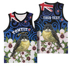 Tomtit New Zealand Personalised Basketball Jersey Miromiro Manuka Flower Maori Pattern