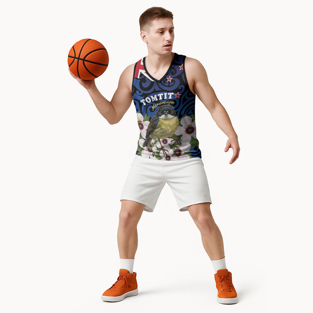 Tomtit New Zealand Personalised Basketball Jersey Miromiro Manuka Flower Maori Pattern
