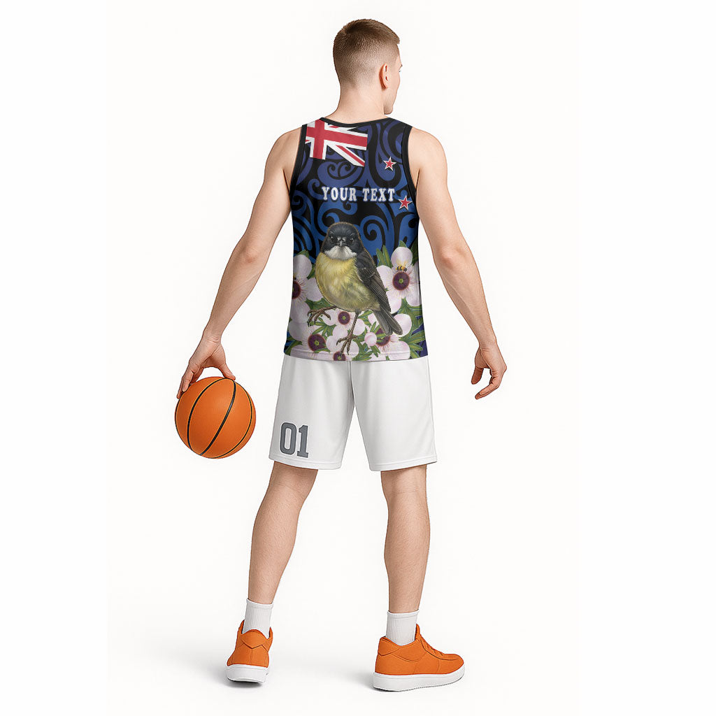 Tomtit New Zealand Personalised Basketball Jersey Miromiro Manuka Flower Maori Pattern