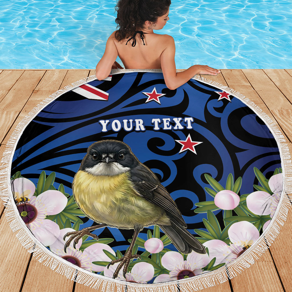Tomtit New Zealand Personalised Beach Blanket Miromiro Manuka Flower Maori Pattern