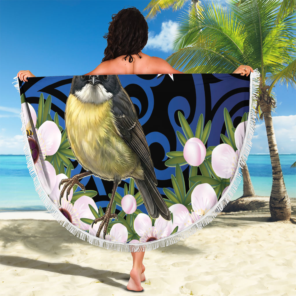 Tomtit New Zealand Personalised Beach Blanket Miromiro Manuka Flower Maori Pattern
