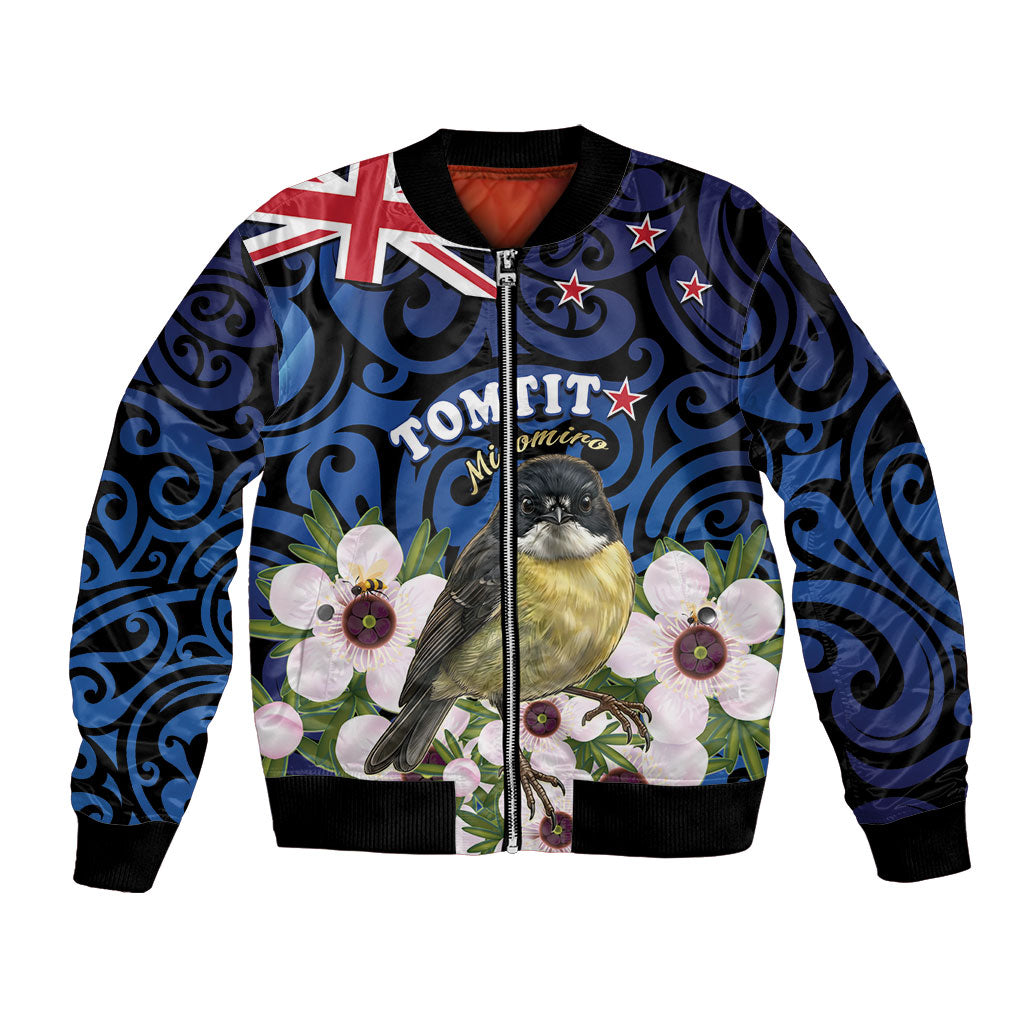 Tomtit New Zealand Personalised Bomber Jacket Miromiro Manuka Flower Maori Pattern