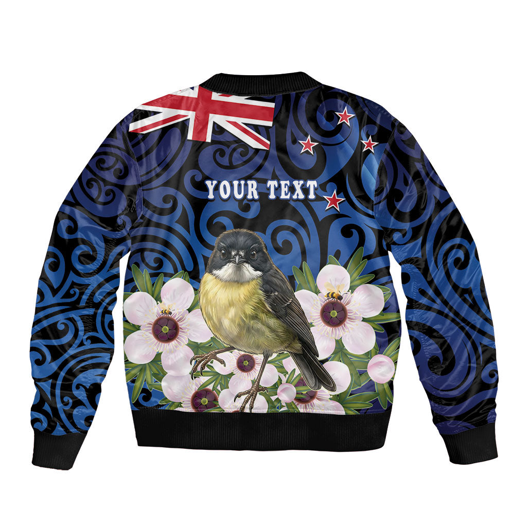 Tomtit New Zealand Personalised Bomber Jacket Miromiro Manuka Flower Maori Pattern