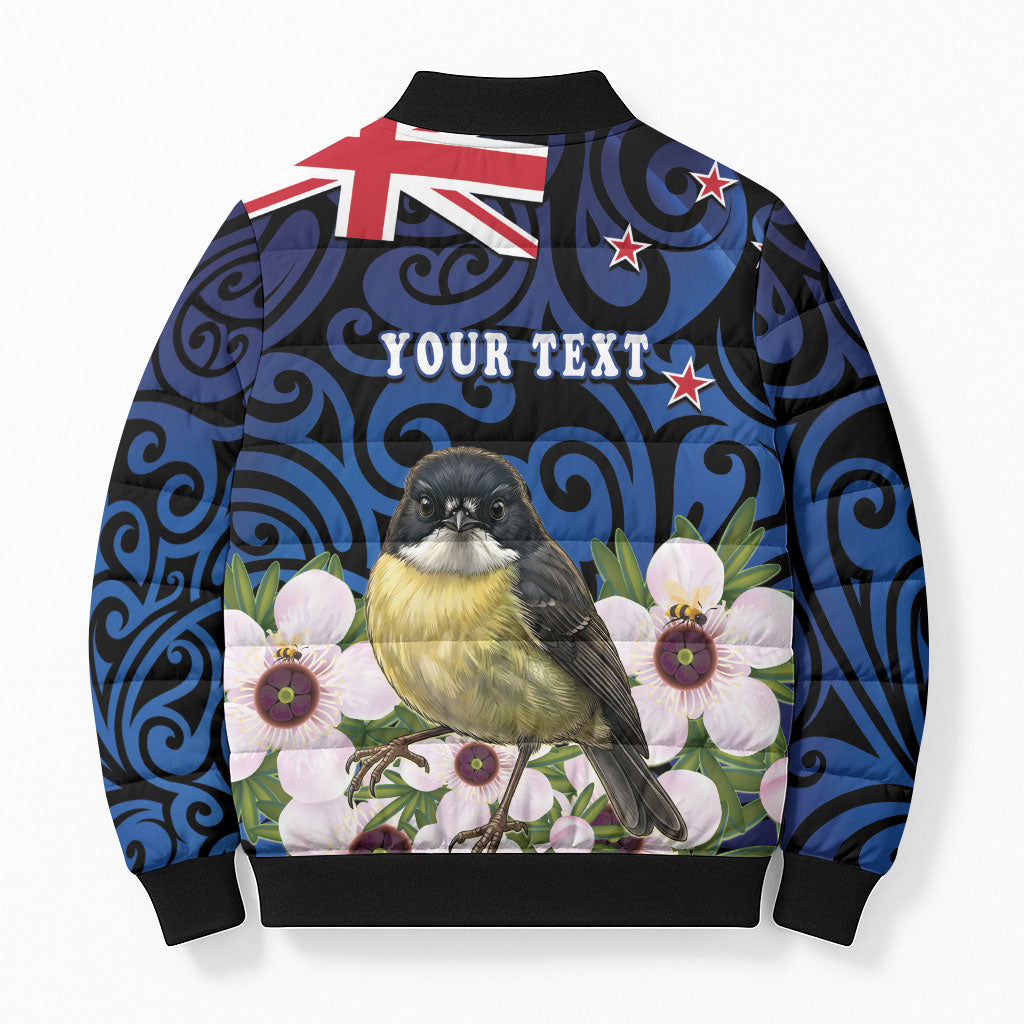 Tomtit New Zealand Personalised Bomber Puffer Jacket Miromiro Manuka Flower Maori Pattern