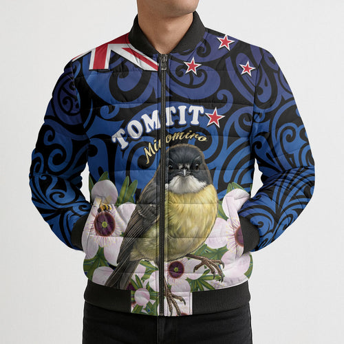 Tomtit New Zealand Personalised Bomber Puffer Jacket Miromiro Manuka Flower Maori Pattern
