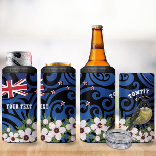 Tomtit New Zealand Personalised 4 in 1 Can Cooler Tumbler Miromiro Manuka Flower Maori Pattern
