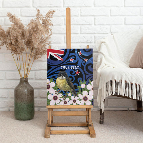 Tomtit New Zealand Personalised Canvas Wall Art Miromiro Manuka Flower Maori Pattern