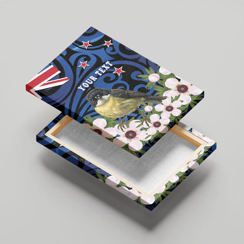Tomtit New Zealand Personalised Canvas Wall Art Miromiro Manuka Flower Maori Pattern