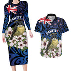 Tomtit New Zealand Personalised Couples Matching Long Sleeve Bodycon Dress and Hawaiian Shirt Miromiro Manuka Flower Maori Pattern